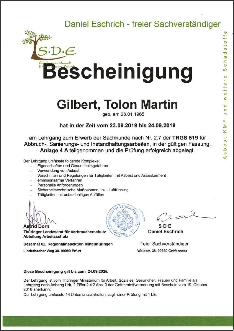 Zertifikat TRGS 519 T. Gilbert
